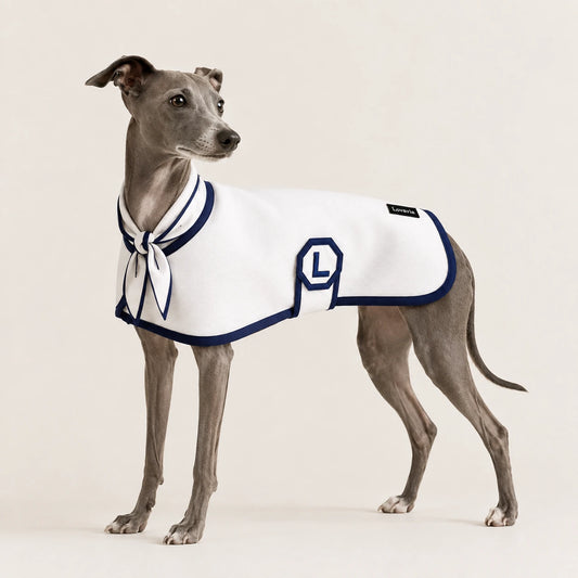 White & Navy Custom-Fit Dog Coat