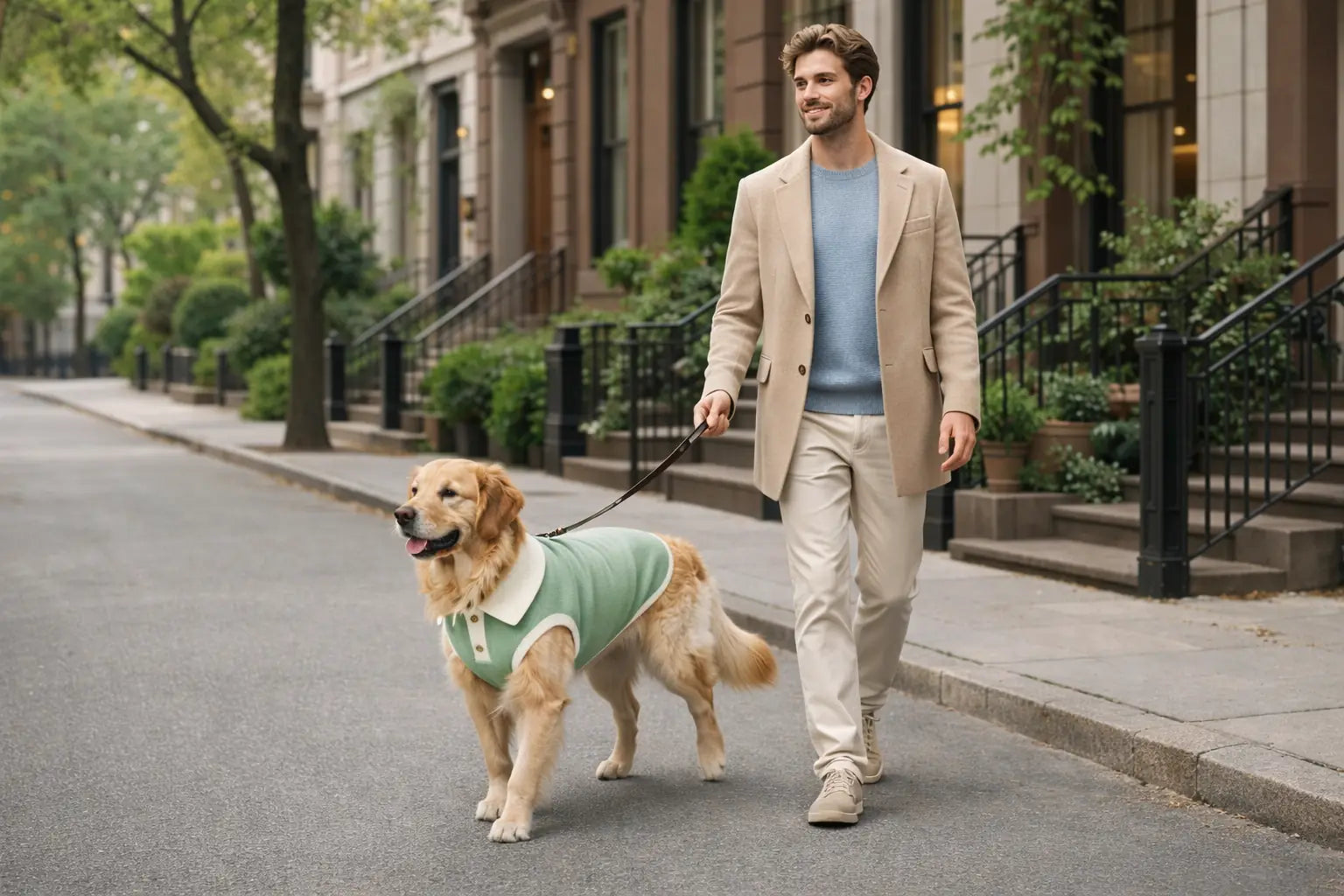 Custom dog clothes featuring a green and white collared knit sweater.
