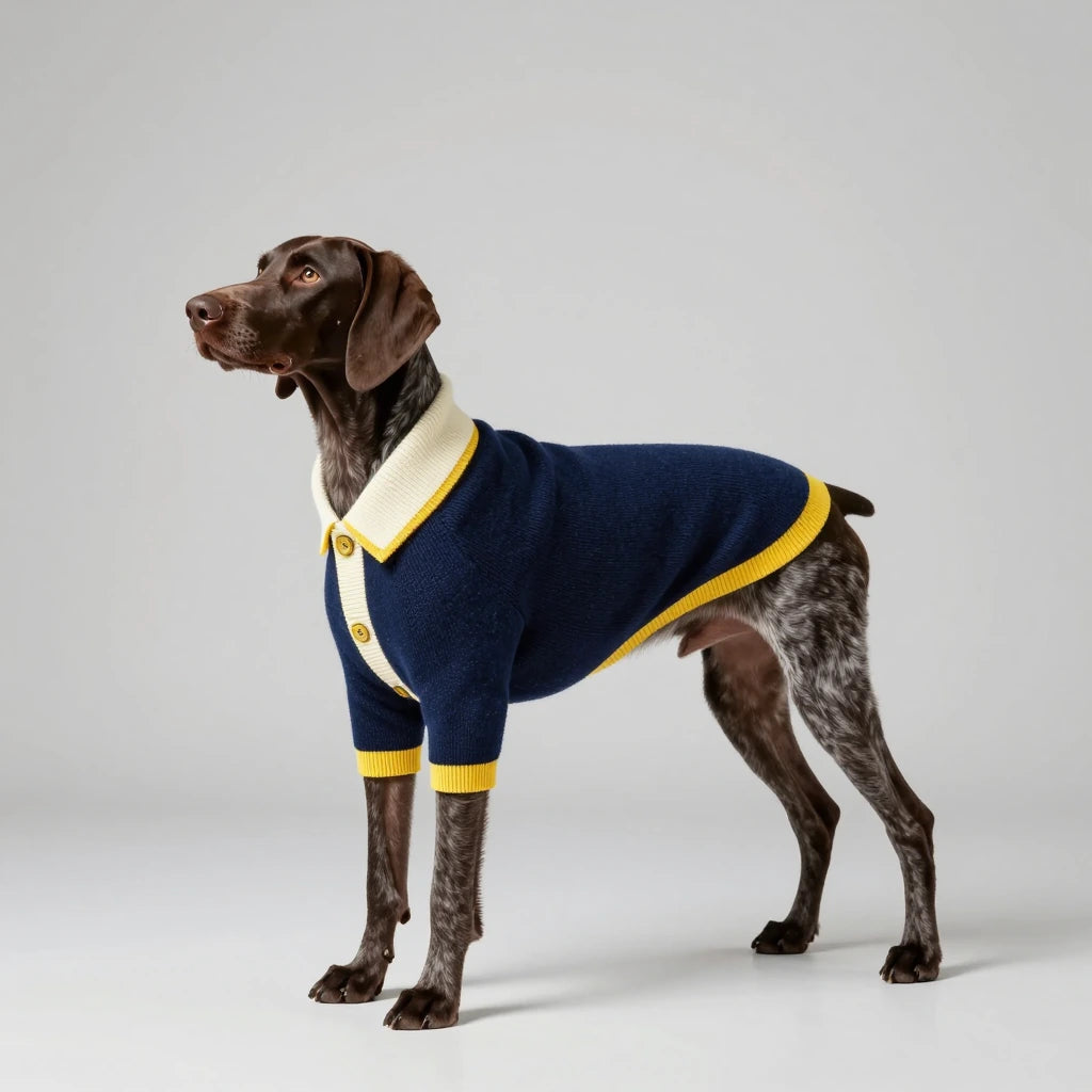 Bespoke designer dog clothing. Lightweight knit top with an elegant collar and fine ribbing, tailored for luxury events.