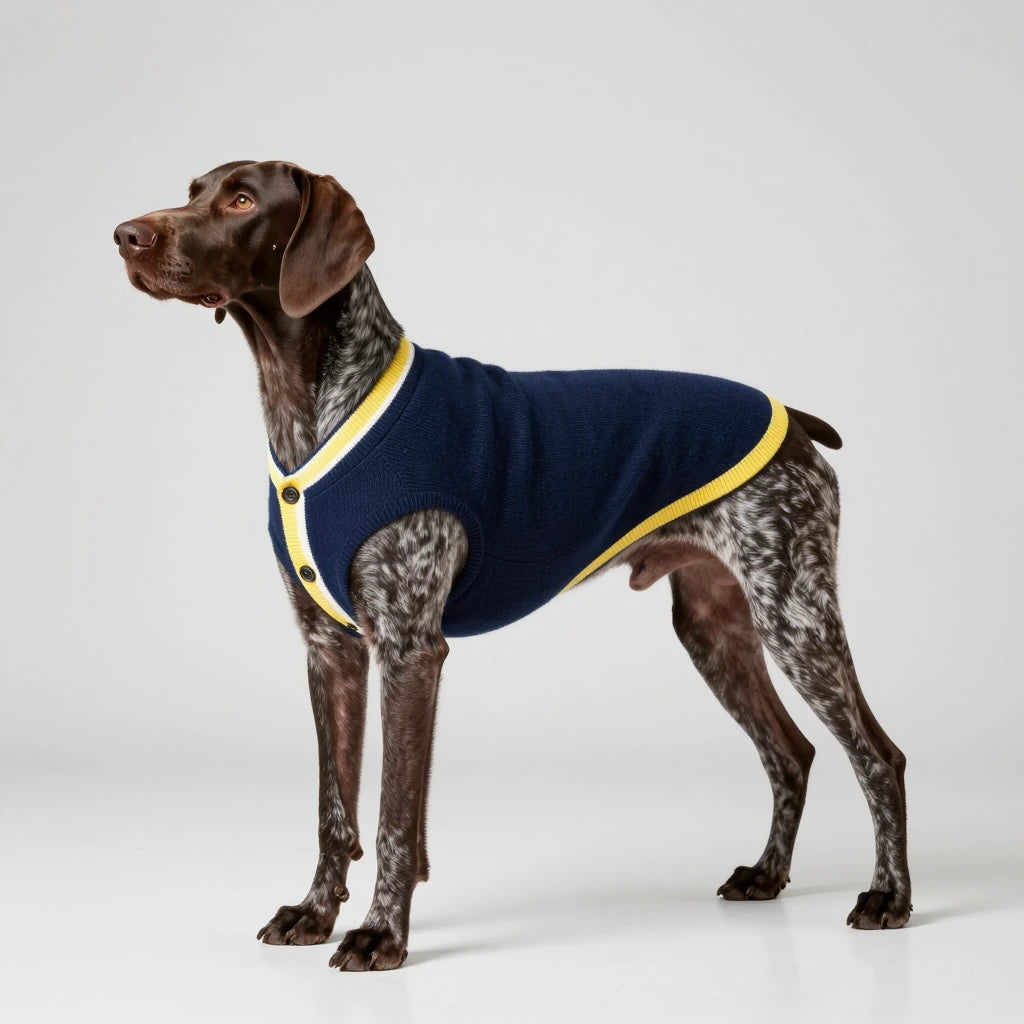 Handcrafted luxury pet cardigan in navy and yellow. Unlined silk-wool blend designed for elegant formal social wear.