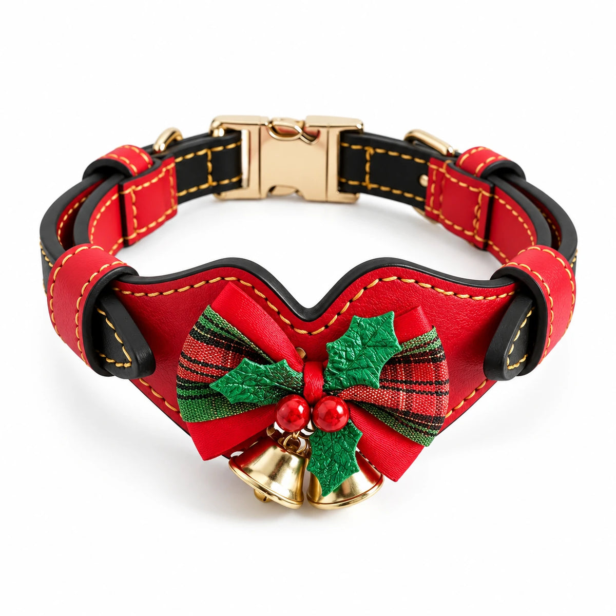 Christmas Plaid Bow Leather Dog Collar with Bells