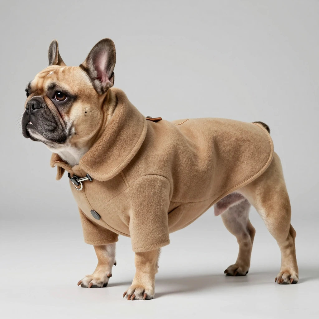 Handcrafted luxury camel-colored wool dog coat with a tailored stand collar, worn by a French Bulldog.