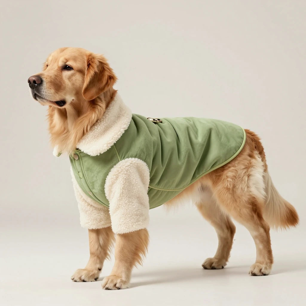 Bespoke pet outerwear with a solid green body and textured lambswool sleeves.