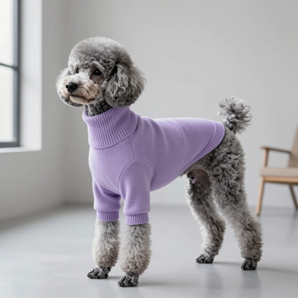 Custom ultrafine wool dog turtleneck sweater in lavender with ribbed trim.