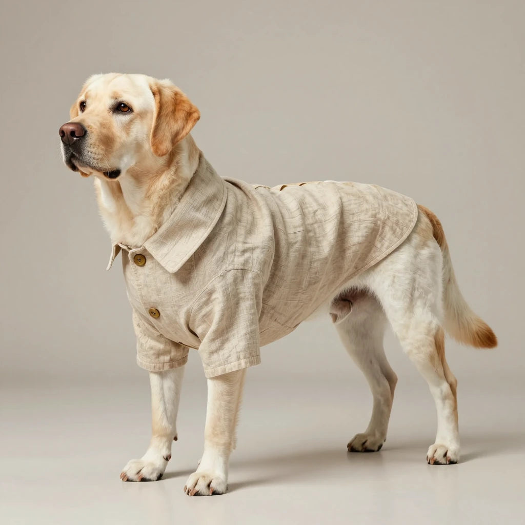 Handcrafted neutral linen dog button-up shirt featuring a refined textured weave and structured silhouette.
