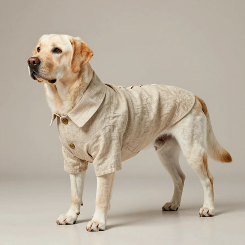 Handcrafted neutral linen dog button-up shirt featuring a refined textured weave and structured silhouette.