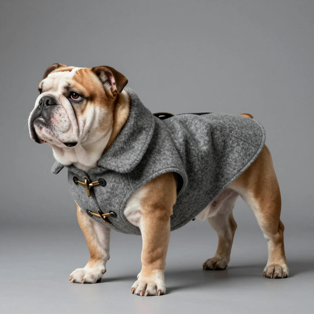 Rock grey double-sided wool dog vest with classic toggle buttons, British style coat for English Bulldogs.