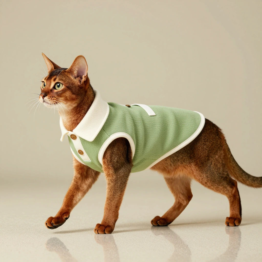 Handcrafted custom cat shirt in green Milano rib cotton-wool knit with a white ribbed collar.