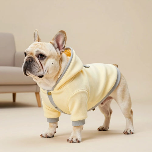Handcrafted luxury dog outerwear presenting a pale yellow fleece hoodie with contrasting ribbed edges and chest buttons.